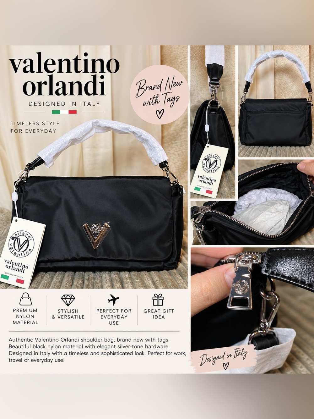 Valentino Orlandi Black Shoulder Bag with Silver Hardware